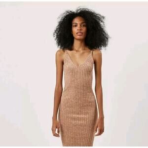 NWT Forever 21 Soft Sweater V-neck Tank Top Mini DRESS SMALL Gold FURRY Holiday